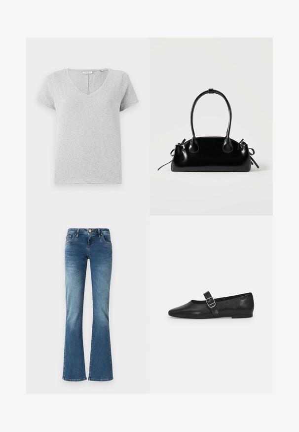 Grå kortærmet T-shirt lavet af blødt stof med V-hals og en afslappet pasform. Har subtil tekstur og et enkelt design.; Udsvingende denim jeans i medium blå med kontrastsyet, fem lommer og en klassisk knap- og lynlåslukning.; Sorte læder flade sko med rund tå, et enkelt justerbart spænde og en glat, blank overflade. Minimalistisk design med en lav hæl.; Lille sort blank håndtaske med to lange håndtag og snøre-detaljer i siden på en ensfarvet lys baggrund.