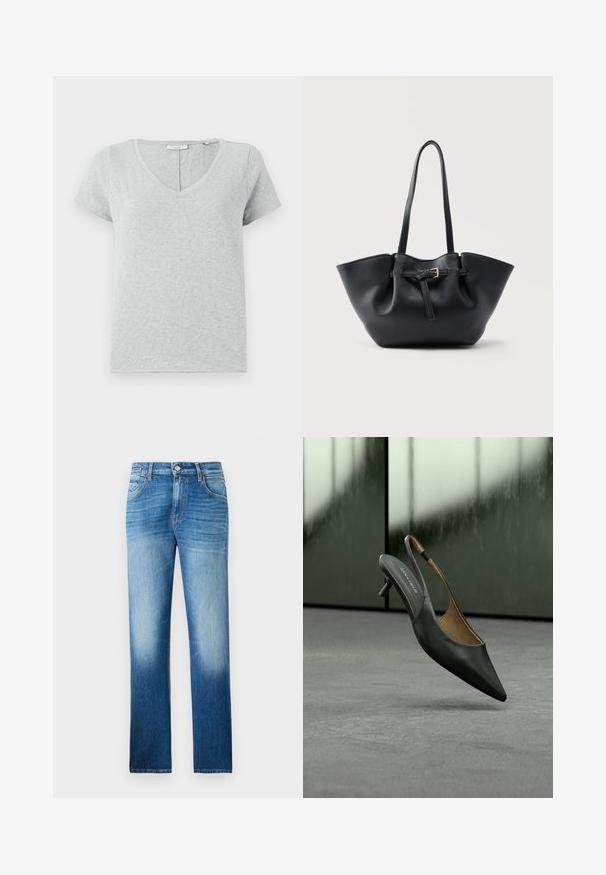 Graues Kurzarm-T-Shirt aus weichem Stoff mit V-Ausschnitt und lockerer Passform. Verfügt über eine subtile Textur und ein einfaches Design.; Replay MARTY PANTS - Jeans Straight Leg - medium blue; Schwarzer Slingback-Pumps mit spitzer Kappe, dünnem Riemen und „ANNA FIELD“-Label auf der Innensohle, vor unscharfem grauem Hintergrund.; Schwarze Ledertasche mit langen Griffen und einem vorderen Riemen mit kleiner goldener Schnalle, vor einfarbigem Hintergrund.