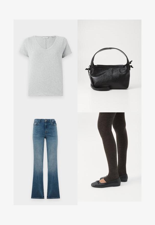Grå kortærmet T-shirt lavet af blødt stof med V-hals og en afslappet pasform. Har subtil tekstur og et enkelt design.; Blå denim flared jeans med en gradient fading fra mørk til lys. Har en traditionel talje, fem lommer og en frontlukning med knap.; Ben iført mørke ribbede leggings kombineret med sorte balletsko med små sløjfedetaljer på hvid baggrund.; Sort læderhåndtaske med et struktureret design, rund tophåndtag og aftagelig skulderrem. Den har en glat tekstur og en subtil glans.