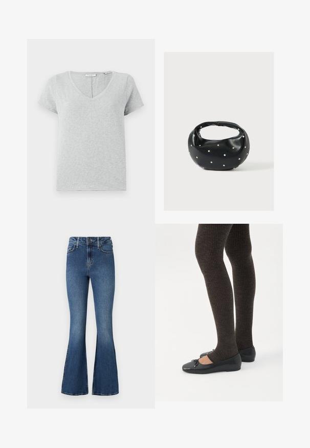 Grå kortærmet T-shirt lavet af blødt stof med V-hals og en afslappet pasform. Har subtil tekstur og et enkelt design.; Blå flared denimjeans med høj talje, der har et standard design med fem lommer og knaplukning. Blød tekstur med lettonede detaljer.; Ben iført mørke ribbede leggings kombineret med sorte balletsko med små sløjfedetaljer på hvid baggrund.; Sort læderhåndtaske med en rundet form, dekoreret med sølvnitter, og et kort håndtag. Glat tekstur og lynlåslukning.