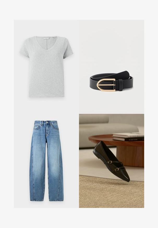 Grijze T-shirt met korte mouwen, gemaakt van zachte stof met een V-hals en een ontspannen pasvorm. Heeft een subtiele textuur en een eenvoudig ontwerp.; Blauwe denim spijkerbroek met hoge taille, wijd uitlopende pijpen, knoop- en ritssluiting aan de voorkant en een ontwerp met vijf zakken.; Zwarte platte schoen met puntige neus en twee dunne gespspanners die boven een beige tapijt zweven, met een houten salontafel en boeken op de achtergrond.; Zwarte leren riem opgerold met een glanzende gouden metalen gesp op een effen lichte achtergrond.