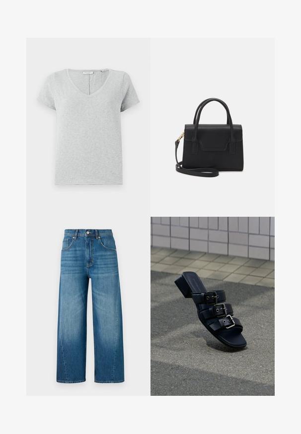 Grå kortærmet T-shirt lavet af blødt stof med V-hals og en afslappet pasform. Har subtil tekstur og et enkelt design.; Vide denim jeans i lyseblå med en lysvasket finish, med fem lommer og en frontlukning med knap. Fremstillet af bomuldsstof.; Sort åben tå mule-sandal med tre spænderemme og lav blokhæl, placeret på asfalt overflade nær flisebelagt fortov.; Sort struktureret håndtaske lavet af læder med et topgreb, aftagelig skulderrem og detalje med frontklap. Guldhardware accenter.