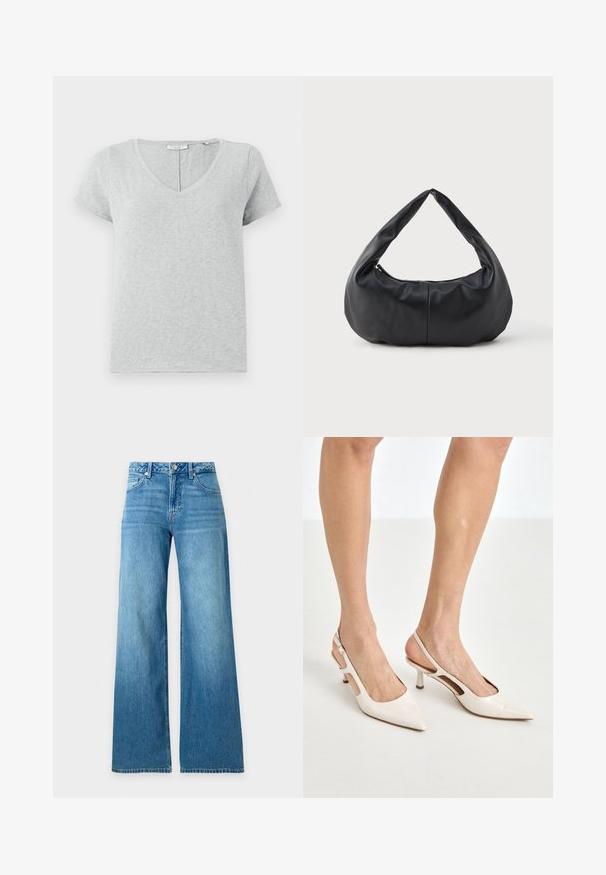 Graues Kurzarm-T-Shirt aus weichem Stoff mit V-Ausschnitt und lockerer Passform. Verfügt über eine subtile Textur und ein einfaches Design.; Blaue High-Waist-Jeans mit weitem Bein, vorderem Knopf- und Reißverschluss sowie vorderen und hinteren Taschen.; Beige Lackleder Slingback-Absätze mit spitzem Fuß und 5 cm Absatz, mit ausgeschnittenen Seiten und einem schmalen Knöchelriemen.; Schwarze, weiche Leder-Handtasche in Halbmondform mit einem dicken, gepolsterten Griff und einem Reißverschluss an der Oberseite.