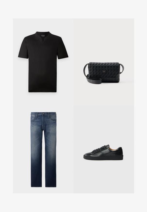 Sort kortærmet t-shirt lavet af glat stof med v-hals og lige kant. Ingen synlige mønstre eller accenter.; Straight-leg jeans i mørkeblåt vask. Har fem lommer, lynlås og knaplukning. Let slidte tekstur ved låret. Denim stof.; Sorte lædersneakers med en glat overflade, rund tå og snørebåndslukning. Har en tyk gummisål og minimal branddetalje.; Sort tekstureret crossbodytaske med klaplukning og et lille metallogo foran, vist mod en ensfarvet baggrund.