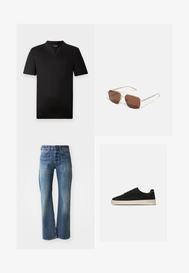 Schwarzes Kurzarm-T-Shirt aus glattem Stoff mit einem V-Ausschnitt und geradem Saum. Keine sichtbaren Muster oder Akzente.; Jeans aus Denim in einem hellen bis mittleren Blauton, mit geradem Schnitt, klassischem Fünf-Taschen-Design und subtiler Ausbleichung auf der Vorderseite.; Schwarzer Wildleder-Low-Top-Sneaker mit schwarzen Schnürsenkeln und weißer Gummisohle, Seitenansicht auf schlichtem hellgrauem Hintergrund.; Braune Sonnenbrille mit goldfarbenem Metallrahmen, rechteckigen Gläsern und detaillierten Schläfenakzenten. Besitzt ein minimalistisches geometrisches Design.