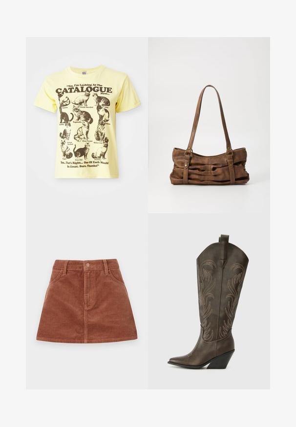 Gelbes Baumwoll-T-Shirt mit Illustrationen von schwarzen Katzen und dem Text: "Ja, ich schaue mir gerade den KATALOG an...". Mit Rundhalsausschnitt und kurzen Ärmeln.; Brauner Cordrock im Mini-Format mit vertikal gerippter Textur, Fronttaschen, einem Knopfverschluss und gerader Schnittführung.; Braune Leder-Cowboystiefel mit einer spitzen Zehe, Wedge-Absatz und dekorativer Stickerei. Besitzt einen hohen Schaft und eine Zuglasche.; Even&Odd Handtasche - brown