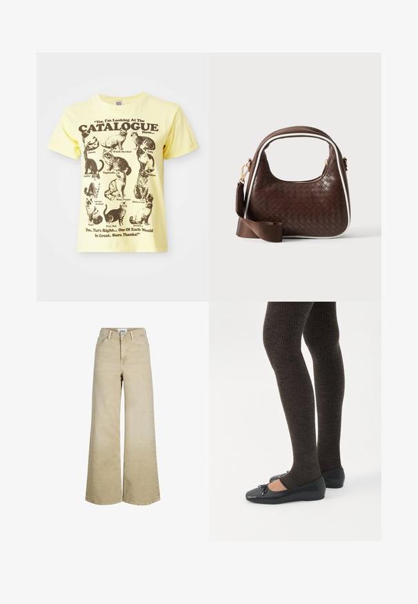 Gul bomulds T-shirt med illustrationer af sorte katte og teksten: "Ja, jeg kigger på KATALOGEN nu...". Rund hals, korte ærmer.; Beige højttaljede vidde-benet jeans med knap og lynlås foran, bæltestropper og forlommer.; Ben iført mørke ribbede leggings kombineret med sorte balletsko med små sløjfedetaljer på hvid baggrund.; Brun vævet læderhåndtaske med hvid piping, guldfarvet lynlås og aftagelig brun stofskulderrem.