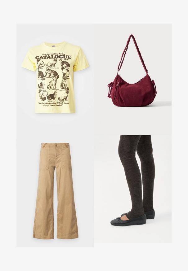 Gele katoenen t-shirt met illustraties van zwarte katten en tekst: "Ja, ik kijk nu naar de CATALOOG...". Met ronde hals en korte mouwen.; Beige wijde broek van katoen met twee voorzakken, dubbele knopen in de taille en een eenvoudige ontwerp.; Benen met donkere geribbelde leggings gecombineerd met zwarte ballerina's met kleine strikdetails op een witte achtergrond.; Zachte kastanjebruine corduroy schoudertas met verstelbare band, ritssluiting, zijstrikjes en een voorvak met rits.