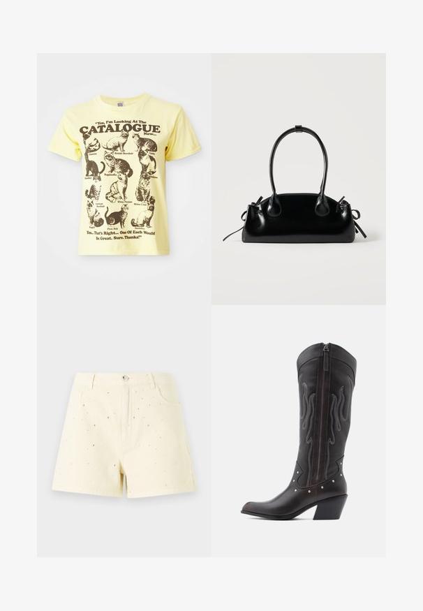 Gelbes Baumwoll-T-Shirt mit Illustrationen von schwarzen Katzen und dem Text: "Ja, ich schaue mir gerade den KATALOG an...". Mit Rundhalsausschnitt und kurzen Ärmeln.; Gelbe Denim-Shorts mit hoher Taille und lockerer Passform, die vorne mit kleinen silbernen Nieten verziert sind.; Braune Cowboy-Stiefel aus Leder mit Flammenstickerei, seitlichem Reißverschluss, silbernen Nieten, spitzer Zehenpartie und geschichtetem Absatz.; Kleine schwarze glänzende Handtasche mit zwei langen Griffen und seitlichen Kordelzug-Details vor einfachem hellem Hintergrund.