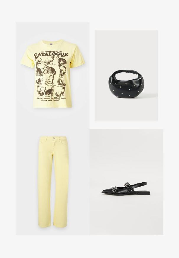 Gul bomulds T-shirt med illustrationer af sorte katte og teksten: "Ja, jeg kigger på KATALOGEN nu...". Rund hals, korte ærmer.; Gule bukser med lige ben, forsideknap, lynlås og fem-lomme design på en ensfarvet baggrund.; Even&Odd by Zalando Slingback-ballerinasko - black; Sort læderhåndtaske med en rundet form, dekoreret med sølvnitter, og et kort håndtag. Glat tekstur og lynlåslukning.