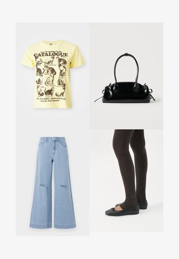 Gul bomulds T-shirt med illustrationer af sorte katte og teksten: "Ja, jeg kigger på KATALOGEN nu...". Rund hals, korte ærmer.; Lyseblå bredbenede jeans med høj talje, der har to forlommer og to slidte knædetaljer, fremstillet af denimmateriale.; Ben iført mørke ribbede leggings kombineret med sorte balletsko med små sløjfedetaljer på hvid baggrund.; Lille sort blank håndtaske med to lange håndtag og snøre-detaljer i siden på en ensfarvet lys baggrund.