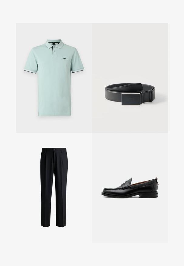 Polo vert clair en coton, avec un col classique, une patte de boutonnage à trois boutons et un logo noir. Manches ornées de poignets à rayures blanches.; Pantalons noirs en tissu lisse, avec une coupe droite, des plis à l'avant et une fermeture à bouton avec passants de ceinture.; Mocassin homme en cuir noir avec couture moc toe, bride penny, col texturé et petit talon empilé sur fond blanc.; Ceinture en cuir noir enroulée avec une boucle noire mate rectangulaire et un logo embossé discret sur fond blanc.