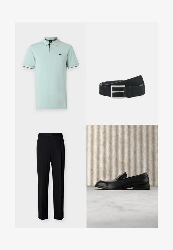 Polo vert clair en coton, avec un col classique, une patte de boutonnage à trois boutons et un logo noir. Manches ornées de poignets à rayures blanches.; Pantalon noir droit sur mesure avec passants de ceinture et plis avant, présenté sur un fond clair uni.; Mocassin en cuir noir avec un accent métallique, présenté en lévitation au-dessus d'un tapis beige, avec une table ronde de couleur ambre en arrière-plan.; Ceinture en suède noir avec une boucle en métal argenté, au design plat et avec des coutures contrastées le long des bords. Texture lisse dans l'ensemble.
