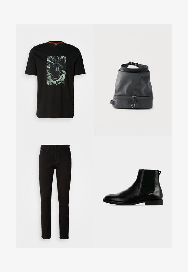 T-shirt en coton noir avec un graphisme central d'un panthère entourée de feuilles, avec un col en chaîne et le texte "BOSS". Manches courtes.; Jeans en denim noir avec une coupe droite, une fermeture éclair et un design à cinq poches. Le tissu a une texture lisse sans motifs visibles.; Bottine en cuir noir avec panneau latéral élastique, talon bas, languette à l'arrière et petit logo doré "HUGO" sur le côté extérieur.; Sac à dos à dessus enroulable noir de la marque BOSS avec poche zippée à l'avant et sangle réglable, présenté sur un fond clair uni.