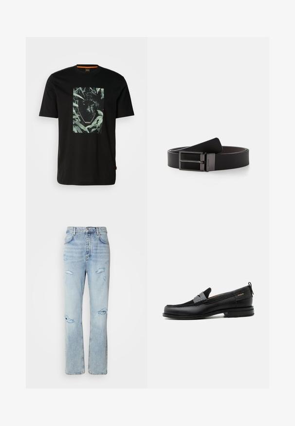 Schwarzes Baumwoll-T-Shirt mit einem zentralen Motiv eines Panthers, umgeben von Blättern, mit einem Kettenkragen und dem Text "BOSS". Kurze Ärmel.; Hellblaue Jeans mit legerer Passform, featuring distressed Stellen und fransigen Kanten. Der Stoff hat eine weiche, glatte Textur.; Schwarzer Lederloafer mit grauem Riemendetail, niedrigem Absatz und strukturierter Sohle, seitlich mit „HUGO“ in Gold gebrandmarkt.; Schwarzer Ledergürtel mit glatter Oberfläche, ausgestattet mit einer silbernen Metallschnalle und Doppelzinken, entworfen für ein elegantes, minimalistisches Erscheinungsbild.