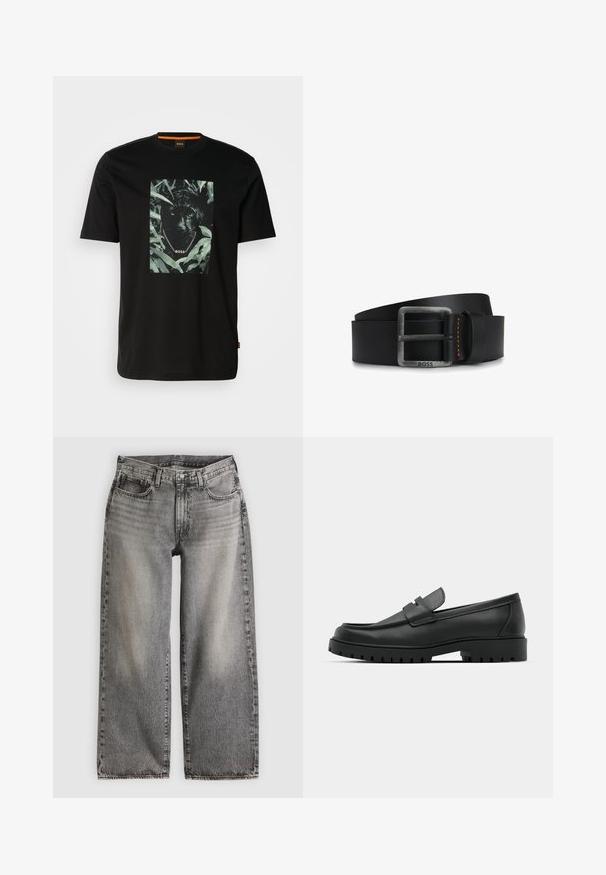 Zwarte katoenen t-shirt met een centraal grafisch ontwerp van een panter omringd door bladeren, met een kettingkraag en de tekst "BOSS". Korte mouwen.; Wijde jeans van zwart gewassen denim, met een hoge taille, vijf zakken en subtiele stiksel details langs de naden.; Zwarte leren instappers met een ronde neus, voorzien van een gestikt ontwerp, een lage platformzool en een gestructureerde, grof rubberen buitenzool.; Zwarte leren riem met een rechthoekige zilverkleurige gesp, voorzien van een oranje stiksel. Gladde textuur en klassiek ontwerp.