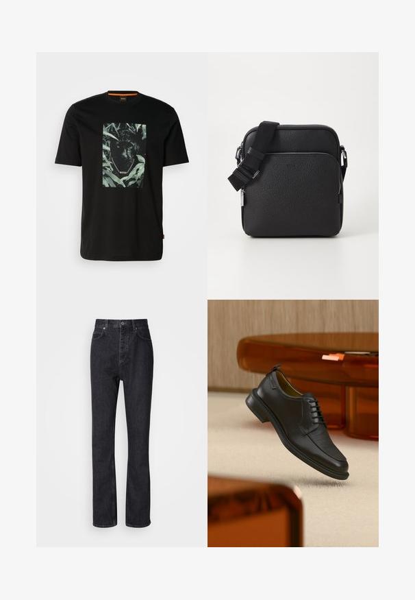 Camiseta de algodón negra con un gráfico central de un pantera rodeada de hojas, con un cuello de cadena y el texto "BOSS". Mangas cortas.; Jeans de mezclilla negros de cintura alta con cierre de botón y cremallera, bolsillos frontales y traseros, y corte recto.; Zapato de vestir negro de piel con cordones y parte delantera texturizada, flotando sobre una alfombra beige en una habitación moderna con muebles de tono ámbar.; Bolso cruzado de cuero negro con una superficie texturizada, que presenta un bolsillo con cremallera en la parte frontal, correa ajustable y acentos de hardware metálico.