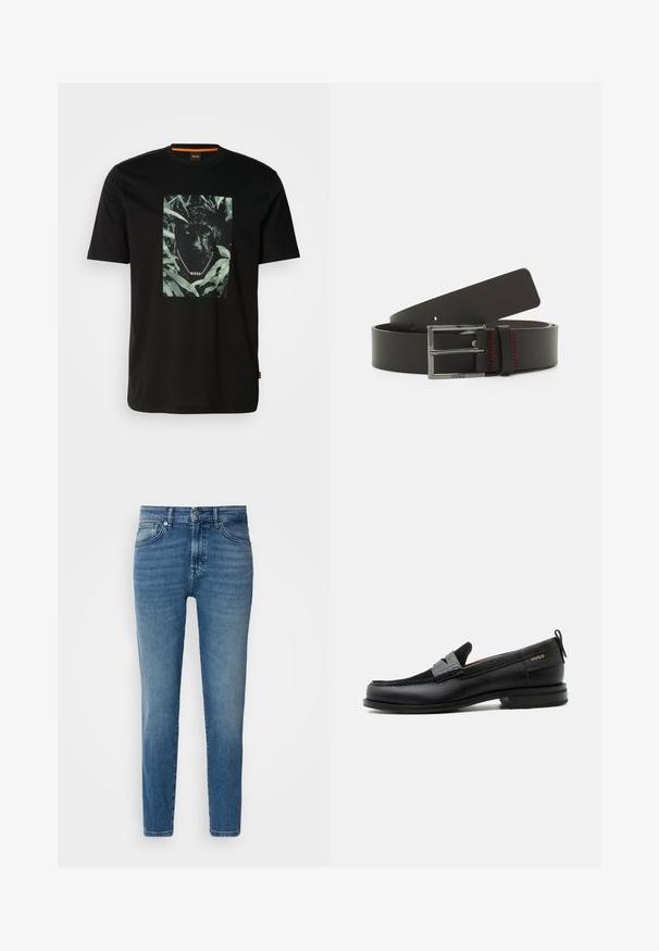 Camiseta de algodón negra con un gráfico central de un pantera rodeada de hojas, con un cuello de cadena y el texto "BOSS". Mangas cortas.; Jeans de denim azul claro con corte recto, diseño tradicional de cinco bolsillos, cierre de botón de metal y un ligero desvanecimiento en la parte delantera.; Mocasín de cuero negro con detalle de tira gris, tacón bajo y suela texturizada, con la marca "HUGO" en oro en el lateral.; Cinturón de cuero negro con una hebilla rectangular de plata, con costuras rojas y una textura suave. Longitud ajustable con múltiples agujeros.