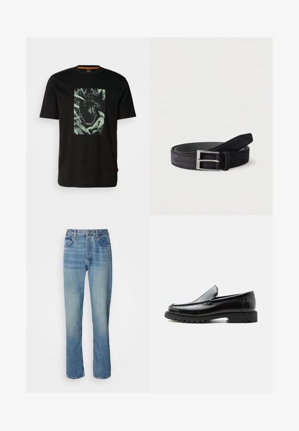 Schwarzes Baumwoll-T-Shirt mit einem zentralen Motiv eines Panthers, umgeben von Blättern, mit einem Kettenkragen und dem Text "BOSS". Kurze Ärmel.; Helle blaue, gerade geschnittene Denim-Jeans mit hoher Taille, vorderem Knopf, Reißverschluss und Fünf-Taschen-Design.; Schwarzer Lederloafer mit grober Gummisohle, genähter Oberseite und geprägtem Markennamen an der Ferse, seitlich auf weißem Hintergrund gezeigt.; Schwarzer Wildlederledergürtel, aufgewickelt mit silberner rechteckiger Metallschnalle auf einfachem weißem Hintergrund.