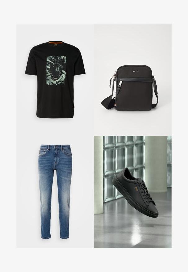 T-shirt en coton noir avec un graphisme central d'un panthère entourée de feuilles, avec un col en chaîne et le texte "BOSS". Manches courtes.; Jean en denim bleu avec une coupe droite, des décolorations légères, un style classique à cinq poches et une fermeture éclair avec bouton.; Baskets basses en cuir noir avec lacets noirs et logo BOSS doré sur le côté, flottant au-dessus d’un sol gris brillant dans un espace intérieur moderne.; Sac bandoulière noir en tissu texturé, avec un logo sur le devant, fermeture éclair et une bandoulière réglable. Finitions en cuir lisse.