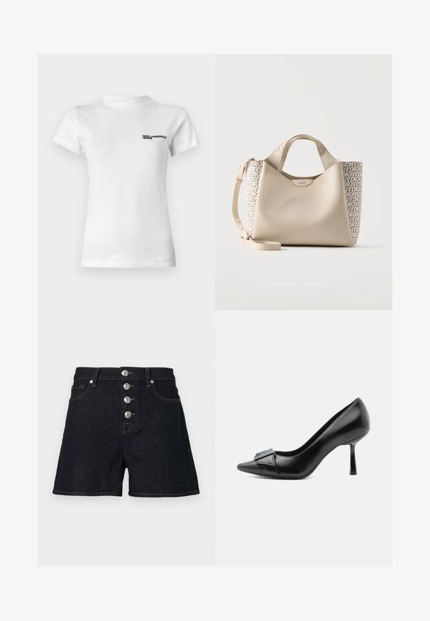 Hvid bomulds t-shirt med rund hals. Har korte ærmer og en sort logo tekst "KARL LAGERFELD JEANS" på venstre bryst.; Mørke denim shorts med højtalje, der har fem sølvknapper, to frontlommer og en rå kant. Stoffet har en glat tekstur.; Sort læder højhælet sko med spids tå og dekorativ spænde foran, set fra siden på hvid baggrund.; Beige læderhåndtaske med tekstureret front, logo-prægede sider, korte håndtag og en aftagelig skulderrem, mærket DKNY.