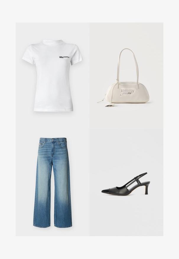 Camiseta de algodón blanca con cuello redondo. Presenta mangas cortas y un logo negro con el texto "KARL LAGERFELD JEANS" en el lado izquierdo del pecho.; Vaqueros anchos de mezclilla azul con un lavado claro desteñido en la parte frontal de los muslos, bolsillos delanteros, trabillas para cinturón y cierre de botón.; Zapato slingback de cuero negro con punta afilada, con un acento brillante en la puntera y un tacón de altura media. Diseño con lateral abierto.; Bolso rectangular color crema para hombro con correas largas, logo "tommy jeans" en plateado en el frente, y una etiqueta colgante adjunta a la cremallera.