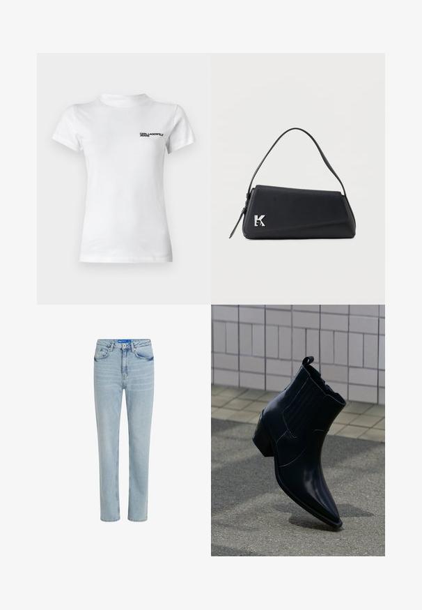 Hvid bomulds t-shirt med rund hals. Har korte ærmer og en sort logo tekst "KARL LAGERFELD JEANS" på venstre bryst.; Lyseblå denim jeans med lige ben-design, fem lomme-styling og synlig syning. Stof har et let falmet udseende.; Skinnende sort læderankelstøvle med blokhæl, elastiske sidepaneler og trækflig, placeret opret på tekstureret fortov nær flisebelagt væg.; Sort lædertaske med en tynd rem, trekantet klaplukning og sølv dekorativt 'K' detalje på det forreste hjørne.