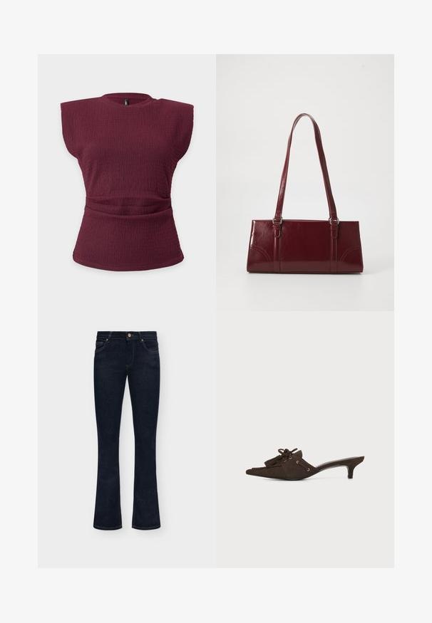 Haut sans manches en maille texturée bordeaux avec épaules rembourrées et détail taille froncée sur un fond clair uni.; Jean en denim bleu foncé avec une taille mi-haute, un bouton sur le devant et un léger évasement en bas sur un fond uni.; Mule pointue en daim brun foncé avec un petit talon kitten, pampilles décoratives et détail en dentelle sur fond blanc.; Sac à main bordeaux en matériau brillant, de forme rectangulaire, avec deux anses et des accents légèrement courbés à l'avant.