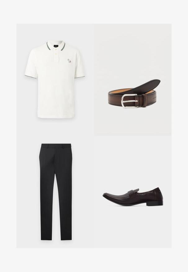 Polo blanc à manches courtes avec bordure vert foncé sur le col et les manches, deux boutons sur le devant, et petit logo brodé multicolore de cheval sur la poitrine.; Pantalon noir formel coupe slim avec passants de ceinture, fermeture éclair frontale et design à plat sur un fond clair uni.; Mocassin pour homme en cuir brun foncé avec un talon bas, un bout carré arrondi et une bride sur le cou-de-pied, présenté en profil latéral.; Ceinture en cuir marron foncé roulée avec une boucle rectangulaire argentée sur fond blanc.