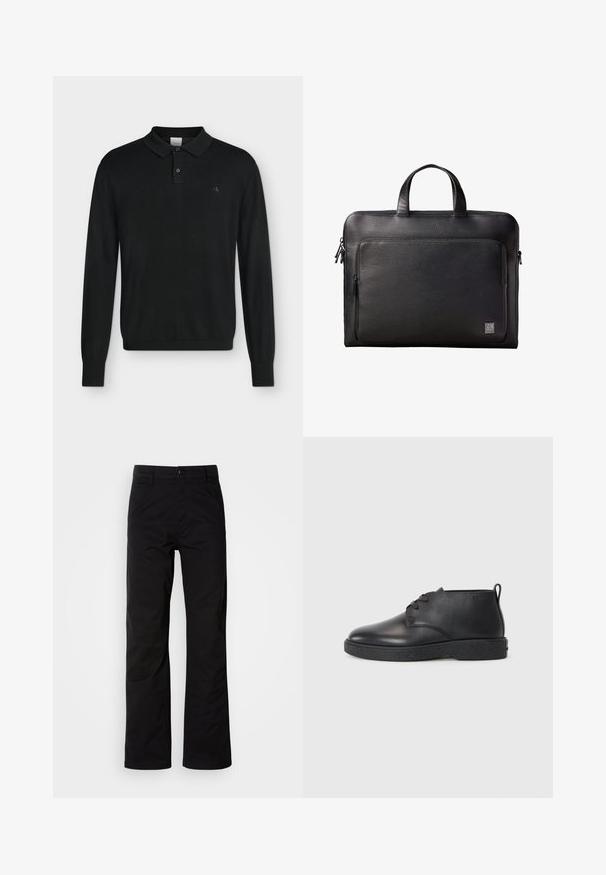 Polo noir à manches longues avec col boutonné et petit logo discret "cK" sur la poitrine gauche.; Pantalons en coton noir avec une coupe droite, dotés d'une fermeture à bouton et de passants de ceinture. Texture lisse et style minimaliste sans motifs visibles.; Bottines noires en cuir avec une texture lisse, bout rond et semelle en caoutchouc noir. Comprend un laçage et un tirant à l'arrière pour un enfilage facile.; Serviette en cuir noir texturé avec poche zippée à l'avant et double poignée, arborant un petit logo Calvin Klein dans le coin inférieur.