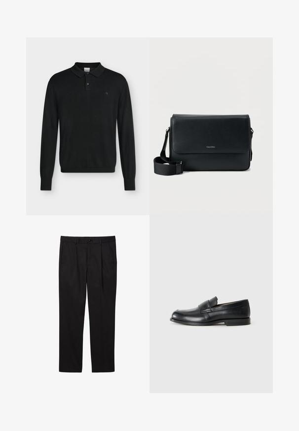 Polo noir à manches longues avec col boutonné et petit logo discret "cK" sur la poitrine gauche.; Pantalons formels noirs pour hommes avec poches avant, passants pour ceinture, fermeture par bouton et coupe droite.; Mocassins en cuir noir avec un bout rond, des détails cousus et une semelle en caoutchouc plate. Présentent une large bande sur le cou-de-pied.; Sac messager en cuir noir à surface texturée, avec une bandoulière ajustable et un rabat avant affichant un logo discret. Forme compacte et rectangulaire.