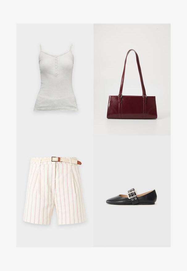 Débardeur blanc sans manches avec fines bretelles et une rangée verticale de sept boutons au centre devant.; Shorts blancs avec fines rayures verticales rouges et plis, dotés d'une ceinture beige tressée avec une boucle dorée et des détails en cuir marron.; Chaussure plate en cuir noir avec un bout pointu et une bride décorative à boucle équipée de ferrures argentées et de petites découpes.; Sac à main bordeaux en matériau brillant, de forme rectangulaire, avec deux anses et des accents légèrement courbés à l'avant.