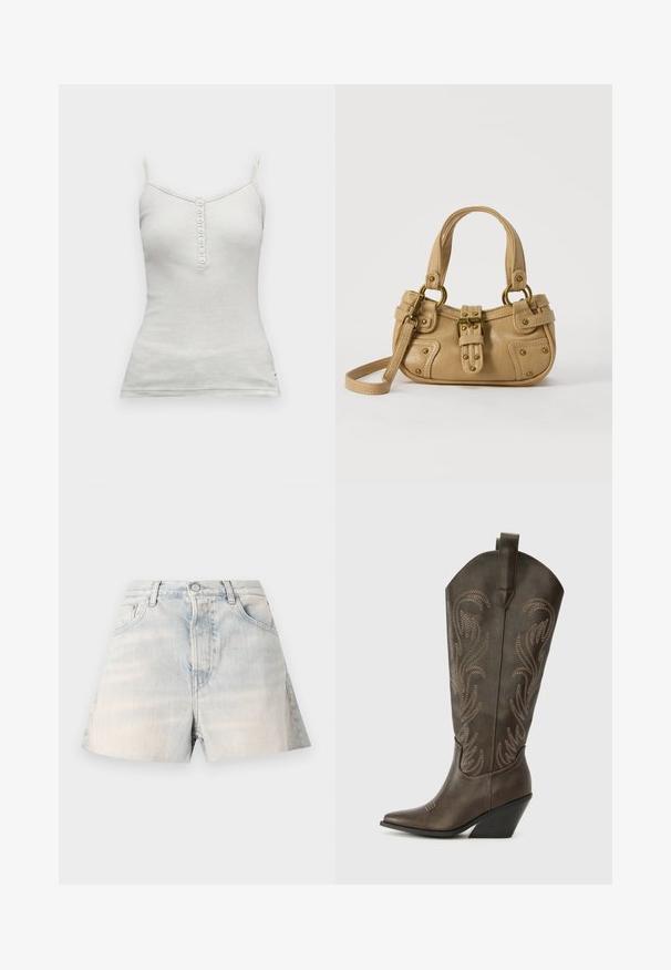 Débardeur blanc sans manches avec fines bretelles et une rangée verticale de sept boutons au centre devant.; Short en denim bleu clair avec finition délavée. Comprend quatre poches, des passants pour ceinture et une fermeture par bouton. Coupe droite au niveau des jambes.; Botte de cowboy en cuir marron avec un embout pointu, un talon compensé et des broderies décoratives. Dispose d'un long tige et d'une languette de tirage.; Sac à main en cuir beige avec double poignées, boucle en laiton et détails rivetés, ainsi qu'une bandoulière réglable sur fond blanc.