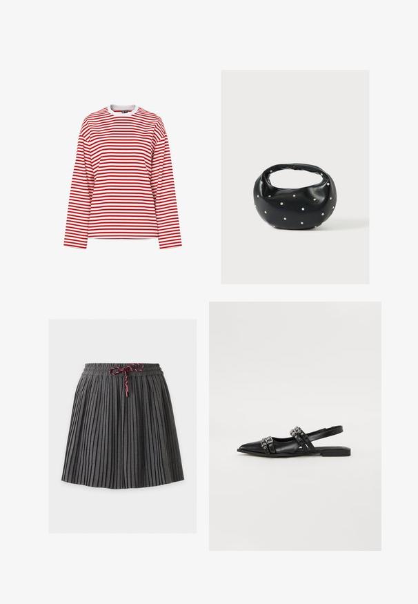 T-shirt manches longues avec col rond, rayures horizontales rouges et blanches, coupe décontractée et col blanc sur fond uni.; Jupe plissée gris foncé avec une taille élastique et un cordon bordeaux noué au centre devant.; Even&Odd by Zalando Ballerines à brides arrière - black; Sac à main en cuir noir de forme arrondie, décoré de clous argentés et équipé d'une poignée courte. Texture lisse et fermeture éclair.
