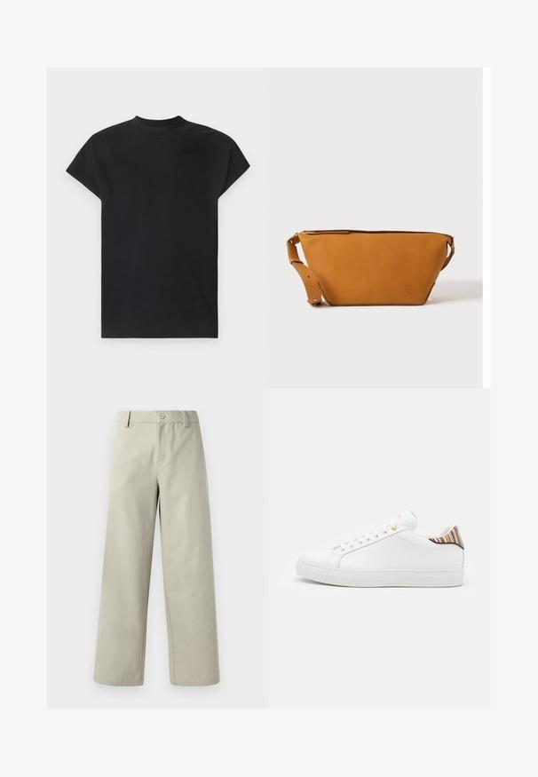 Won Hundred CREED - Βασικό μπλουζάκι - black; Han Kjøbenhavn WIDE LEG - Παντελόνι - light grey; Λευκό δερμάτινο παπούτσι με λείο φινίρισμα, που διαθέτει πολύχρωμη ριγέ λεπτομέρεια στη φτέρνα, χρυσό μεταλλικό στοιχείο και επίπεδη λευκή σόλα.; Ελαφρώς καφέ δερμάτινη τσάντα χιαστί με ρυθμιζόμενο λουράκι και κλείσιμο με φερμουάρ, εμφανίζεται σε απλό ανοιχτόχρωμο φόντο.