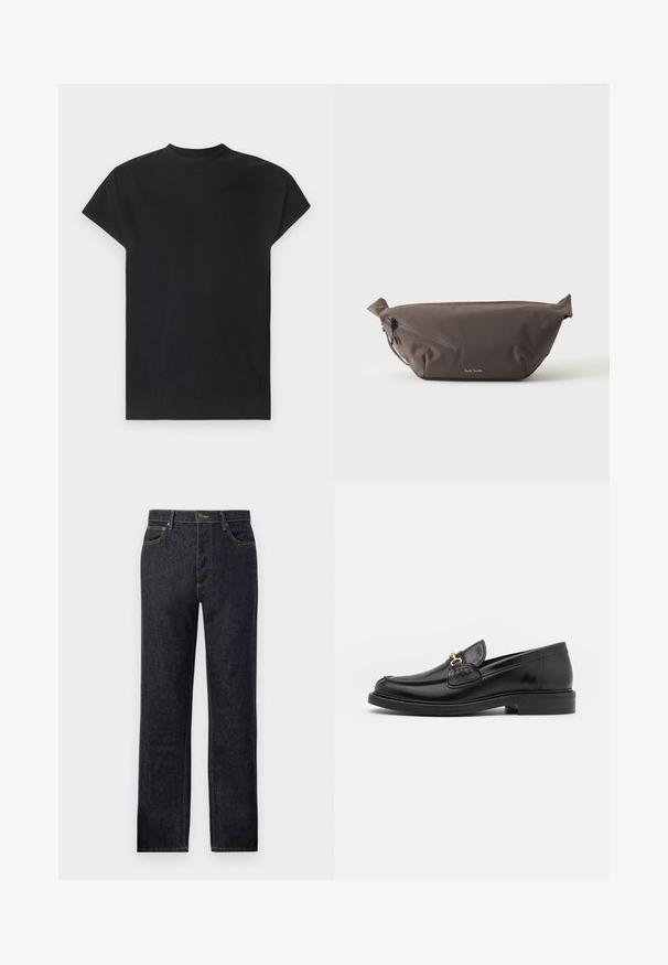 Won Hundred CREED - T-shirts basic - black; Mørk denimjeans med lige benudskæring, kontrastfarvet gul syning, fem-lommemodel og frontknaplukning.; Sorte læder loafers med en rund tå, der har guld hardware accent og syningsdetaljer, placeret på en lav, tekstureret gummisål.; Mørkebrun stof talje taske med diagonalt lynlåslomme og lille hvidt logo på fronten, sat mod en ensfarvet lys baggrund.