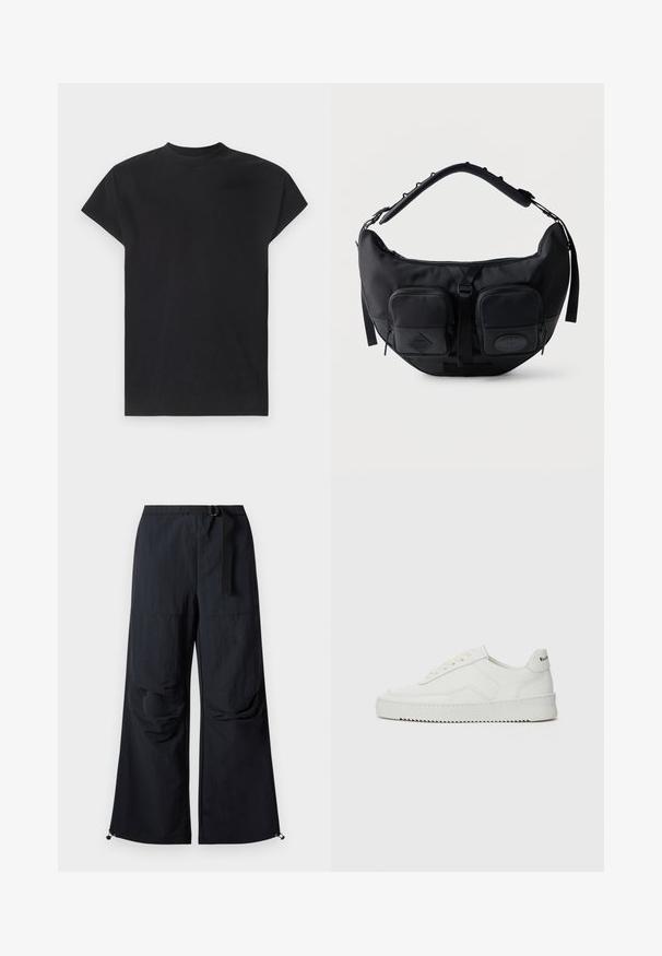 Won Hundred CREED - T-Shirt basic - black; Schwarze, weit geschnittene Hose aus leichtem Stoff. Verfügt über einen Gürtel, zwei große Seitentaschen und verstellbare Säume mit Kordelzug.; Weiße Ledersneaker mit glatter Oberfläche, runder Zehenpartie, flachen Schnürsenkeln und strukturiertem Sohlenprofil. Mit einem dezenten Logo an der Ferse.; Schwarze, sichelförmige Schultertasche mit gepolstertem, verstellbarem Riemen und zwei vorderen Reißverschlusstaschen mit Zuglaschen.