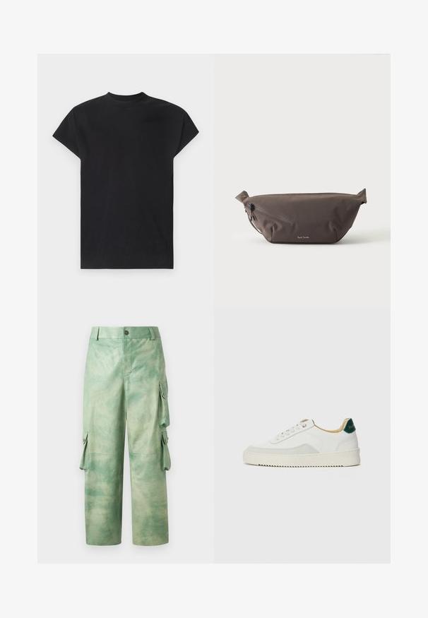 Won Hundred CREED - T-shirt basique - black; Les Benjamins VINTAGE PANT - Pantalon en cuir - army green; Baskets blanches avec des accents en daim, bout arrondi, lacets plats et semelle en caoutchouc crème. Présente une marque verte sur le talon.; Sac banane en tissu marron foncé avec poche zippée en diagonale et petit logo blanc sur le devant, sur un fond clair uni.