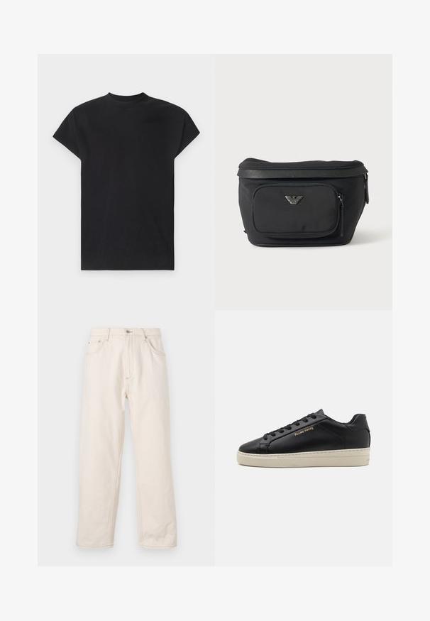 Won Hundred CREED - T-shirts basic - black; Beige lige jeans i denim med knaplukning, fem lommer og synlige syninger. Glat tekstur.; Sorte lædersneakers med en glat finish, kontrasterende cremefarvet sål, rund tå, guld logo på siden og seks huller til snørebånd.; Sort bæltetaske med frontlynlåslomme og sølv ørn-logo, glat stof med tekstureret kant og lynlåstræk.