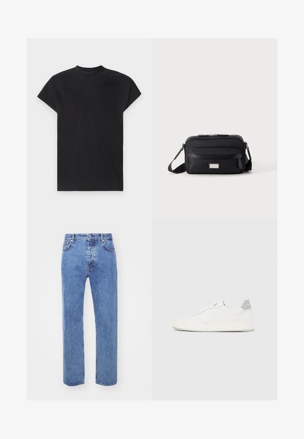 Won Hundred CREED - T-shirt basique - black; Won Hundred STEVE - Jean boyfriend - cut blue; Baskets basses blanches avec un onglet de talon gris, des lacets blancs et une semelle texturée, présentées sur un fond uni clair.; Sac bandoulière rectangulaire noir avec poche avant zippée, sangle réglable et plaque logo rectangulaire argentée sur fond uni.
