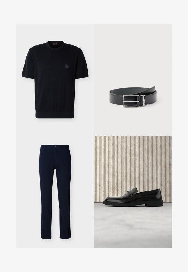 Pull noir à manches courtes avec col rond, poignets et ourlet côtelés, arborant un petit patch logo ton sur ton sur la poitrine gauche.; Un pantalon en coton bleu marine présente un devant plat, des jambes droites, une braguette à glissière et une fermeture par un seul bouton. Aucun motif ou accent visible.; Mocassin en cuir noir poli flottant au-dessus d'un tapis beige avec un mobilier translucide orange en arrière-plan.; Ceinture en cuir noir avec une boucle rectangulaire argentée et une petite boucle argentée attachée, enroulée sur un fond blanc.