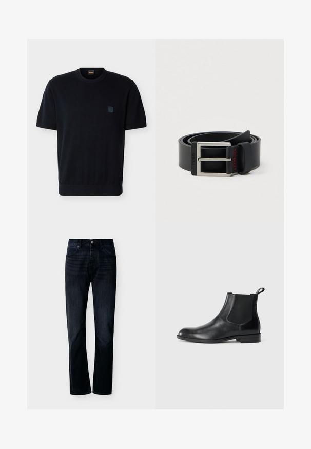 Pull noir à manches courtes avec col rond, poignets et ourlet côtelés, arborant un petit patch logo ton sur ton sur la poitrine gauche.; Jean droit couleur indigo foncé avec fermeture avant à boutons et zip, passants pour ceinture et design à cinq poches, présenté sur un fond clair uni.; Bottine en cuir noir avec des panneaux latéraux élastiques, bout rond et tirette. Texture lisse, semelle plate, design minimaliste.; Ceinture en cuir noir enroulée avec une boucle métallique rectangulaire argentée et un détail de couture rouge près de la boucle.