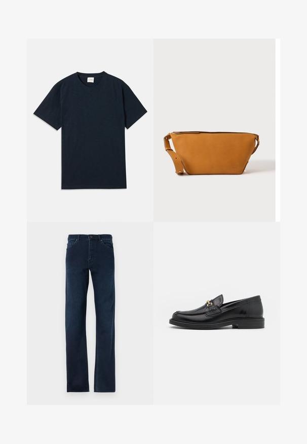 Ensfarvet mørkeblå kortærmet t-shirt med rund hals og lille præget logo nær den nederste kant.; Mørkeblå denim jeans med lige ben, fem lommer, knapåbning og kontrasterende syninger langs sømmene.; Sorte læder loafers med en rund tå, der har guld hardware accent og syningsdetaljer, placeret på en lav, tekstureret gummisål.; Lys brun læder crossbody taske med justerbar rem og lynlås, vist mod en ensartet lys baggrund.