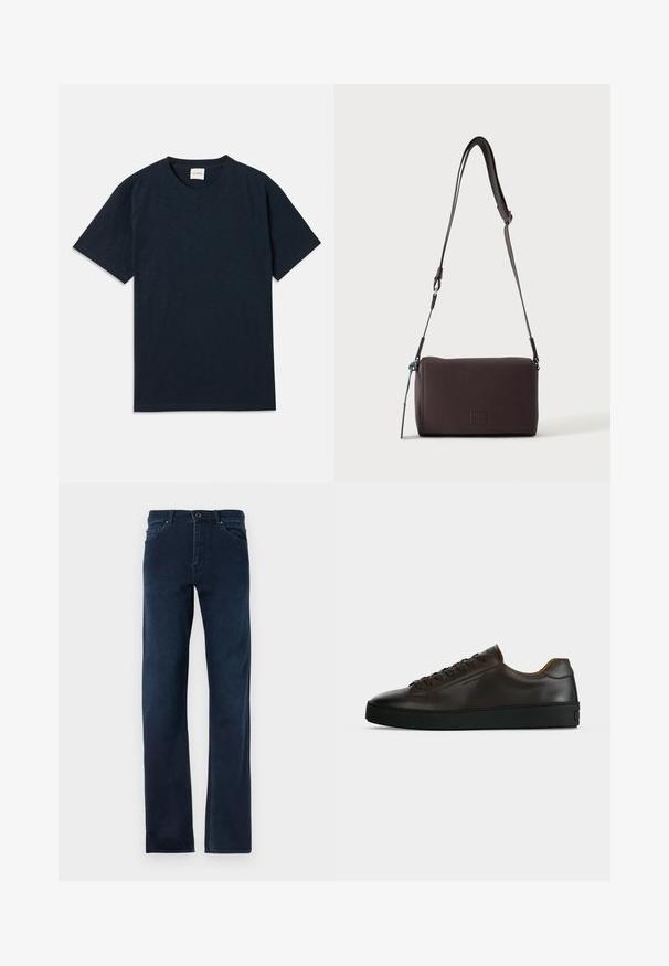 Effen donkermarineblauwe t-shirt met korte mouwen en ronde hals, voorzien van een klein reliëflogo nabij de onderzoom.; Donkerblauwe denim jeans met rechte pijpen, vijf zakken, een knoopsluiting en contrasterende stiksels langs de naden.; Low-profile donkerbruine leren sneaker met zwarte rubberen zool, veters aan de voorkant en een strak minimalistisch design op een lichte achtergrond.; Donkerbruine gestructureerde leren crossbodytas met verstelbare riem en klein decoratief blauw accent aan de zijkant.