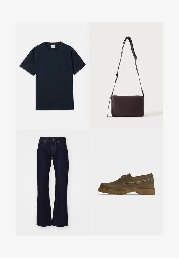 Effen donkermarineblauwe t-shirt met korte mouwen en ronde hals, voorzien van een klein reliëflogo nabij de onderzoom.; Donkerblauwe denim flared jeans met een hoge taille, voorzien van contrasterende gele stiksels en metalen accenten bij de taille en zakken.; Bruine suède leren veter-mocassin met dikke rubberen profielzool en decoratieve leren veter aan de zijkanten.; Donkerbruine gestructureerde leren crossbodytas met verstelbare riem en klein decoratief blauw accent aan de zijkant.
