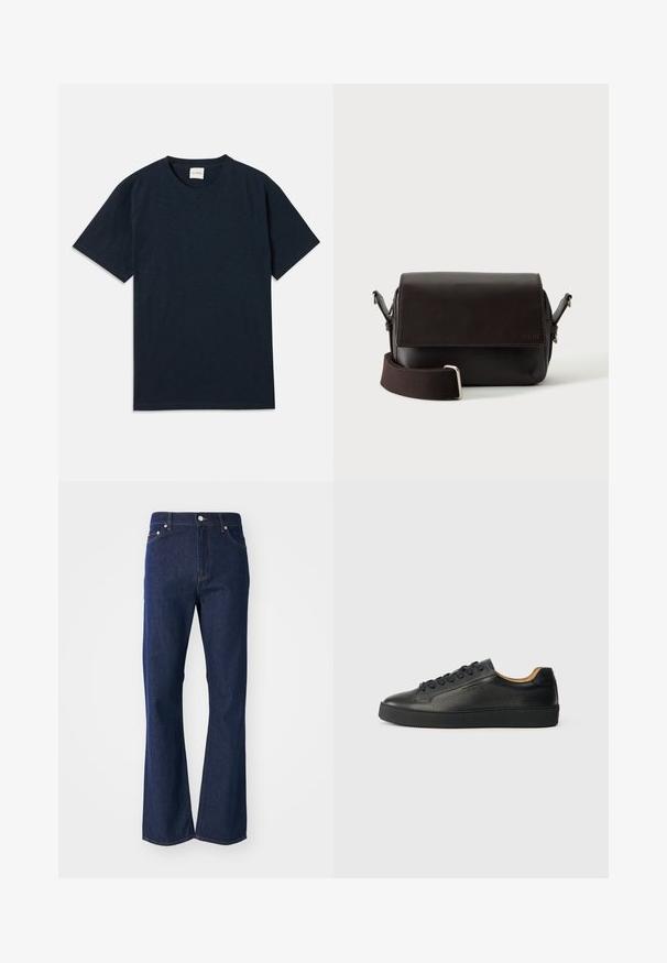 Ensfarvet mørkeblå kortærmet t-shirt med rund hals og lille præget logo nær den nederste kant.; Flarvede mørkeblå jeans lavet af denim. Har fem lommer, en front lynlås og en metalknaplukning. Klassiske syninger som detaljer.; Sorte lavtop lædersneakers med tekstureret overflade, sorte snørebånd og tyk gummisål, vist fra siden på en lys baggrund.; Mørkebrun lædertaske med flaplukning og justerbar stofrem på hvid baggrund.