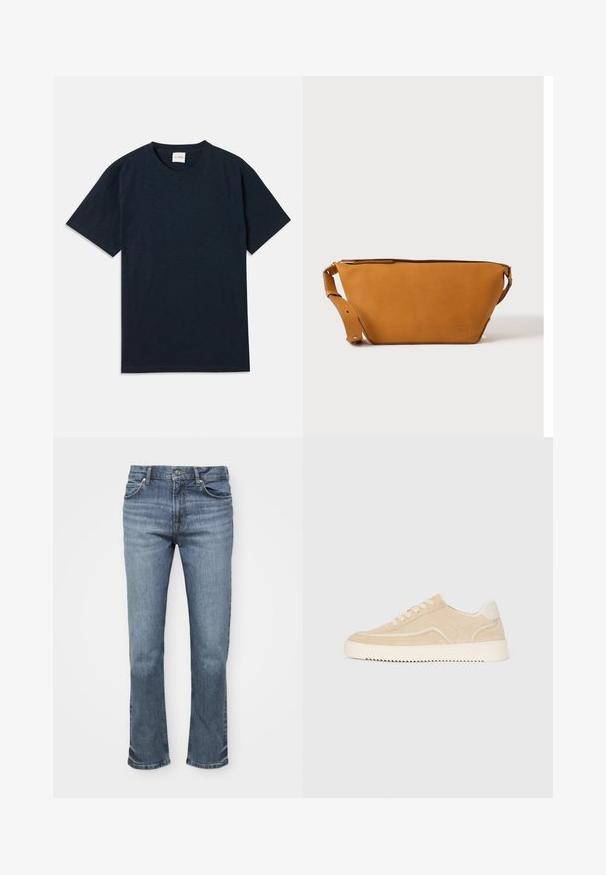 Ein einfarbiges, dunkelblaues Kurzarm-T-Shirt mit Rundhalsausschnitt und kleinem eingeprägtem Logo nahe dem unteren Saum.; Blaue Jeans bestehen aus Denim, haben einen geraden Bein-Design, ein Fünf-Taschen-Stil und einen Knopfverschluss mit kontrastierenden Nähten.; Beige Wildlederschuh mit weißer Sohle und Schnürsenkeln, niedrig geschnittenes Design und Zickzackprofil auf der Sohle.; Hellbraune Leder-Umhängetasche mit verstellbarem Schulterriemen und Reißverschluss, vor einem schlichten hellen Hintergrund gezeigt.