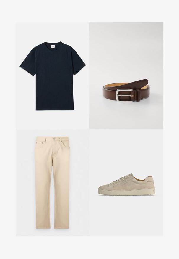 Ein einfarbiges, dunkelblaues Kurzarm-T-Shirt mit Rundhalsausschnitt und kleinem eingeprägtem Logo nahe dem unteren Saum.; Beige Jeans mit geradem Schnitt, vorne mit Knopf und Reißverschluss, vorne und hinten Taschen, flach auf hellem Hintergrund ausgelegt.; Beiger Wildleder-Low-Top-Sneaker mit Schnürverschluss und dicker Gummisohle, von der Seite auf weißem Hintergrund gezeigt.; Brauner Ledergürtel mit einer silbernen Metallschnalle. Das Design zeichnet sich durch eine glatte Textur und eine klassische Form aus, mit einem helleren Innenleben aus Leder.