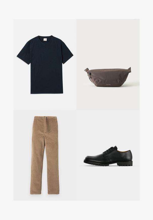 T-shirt à manches courtes en bleu marine uni avec un petit logo embossé près de l'ourlet inférieur.; Pantalons en velours côtelé marron avec taille élastique et cordon de serrage à l'avant, coupe droite, présentés sur fond blanc.; Chaussure de ville noire en cuir à lacets avec une semelle épaisse et rainurée et un petit talon, présentée sur fond blanc.; Sac banane en tissu marron foncé avec poche zippée en diagonale et petit logo blanc sur le devant, sur un fond clair uni.