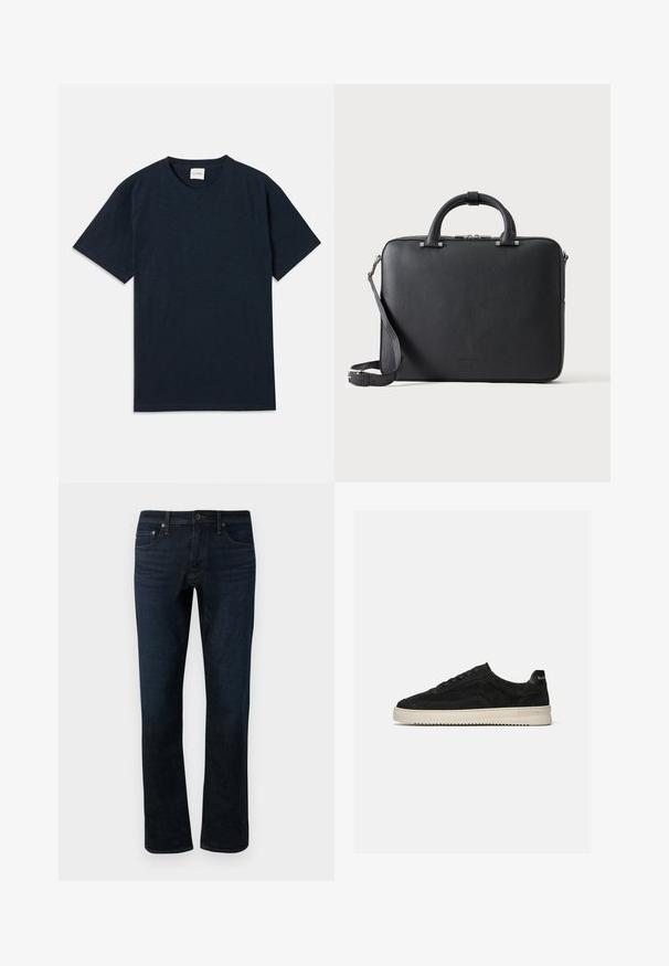 Ein einfarbiges, dunkelblaues Kurzarm-T-Shirt mit Rundhalsausschnitt und kleinem eingeprägtem Logo nahe dem unteren Saum.; Dunkelblaue Denim-Jeans mit geradem Bein, ausgestattet mit einem klassischen Fünf-Taschen-Design und subtilen Steppdetails.; Schwarzer Wildleder-Low-Top-Sneaker mit schwarzen Schnürsenkeln und weißer Gummisohle, Seitenansicht auf schlichtem hellgrauem Hintergrund.; Schwarze, strukturierte Leder-Aktentasche mit Doppelgriffen, abnehmbarem Schulterriemen und oberem Reißverschlussverschluss auf hellem, einfarbigem Hintergrund.